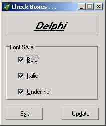 demonstrates how to use CheckBox and Font Style in Delphi