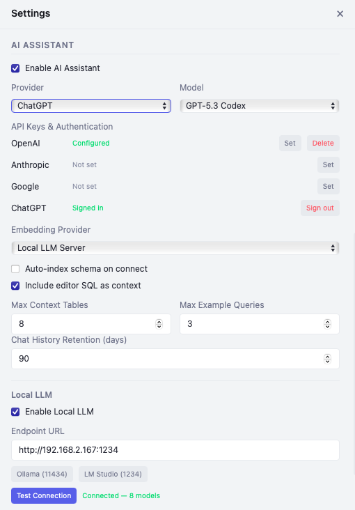 AI settings for provider selection, API keys, embedding config, and Local LLM support
