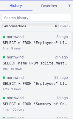 Query history with search, connection filter, execution time, and row counts