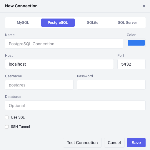 New PostgreSQL connection form with color-coded engine identity