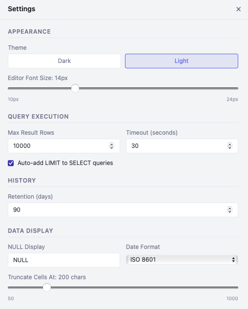 Settings for theme, editor font size, query limits, timeout, NULL display, and date format