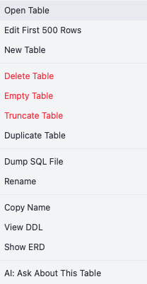Table context menu with Open, Edit, Delete, Dump SQL, View DDL, Show ERD, and more