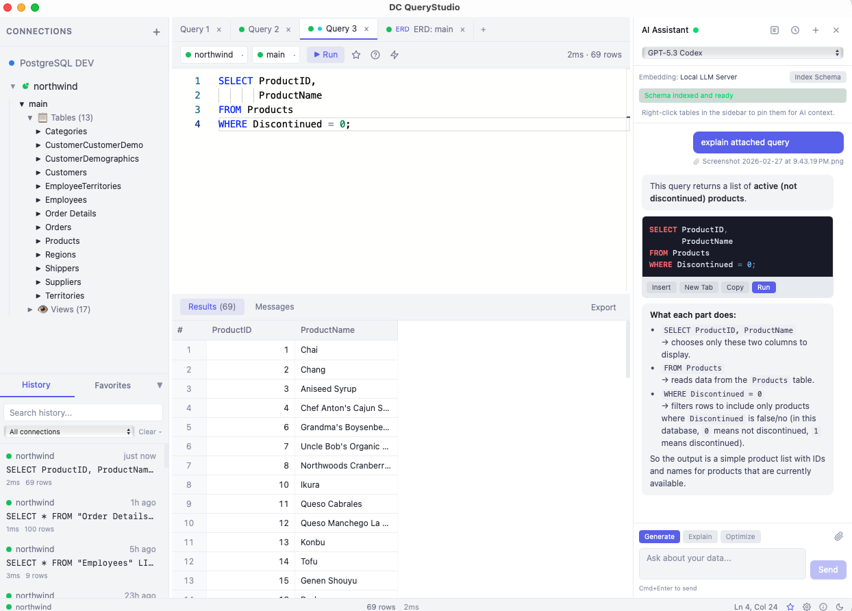 DC QueryStudio main interface with SQL editor, results grid, object browser, and AI assistant