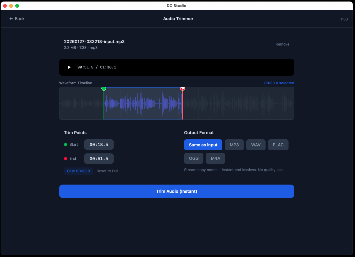 Audio Trimmer with waveform display, precise start/end selection, and format output
