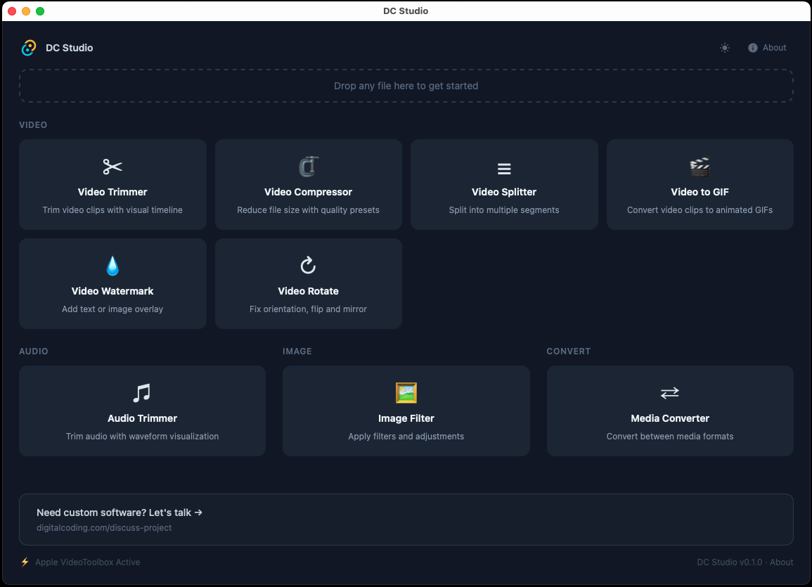 Main dashboard with tool grid, recent activity, and quick access to all media tools