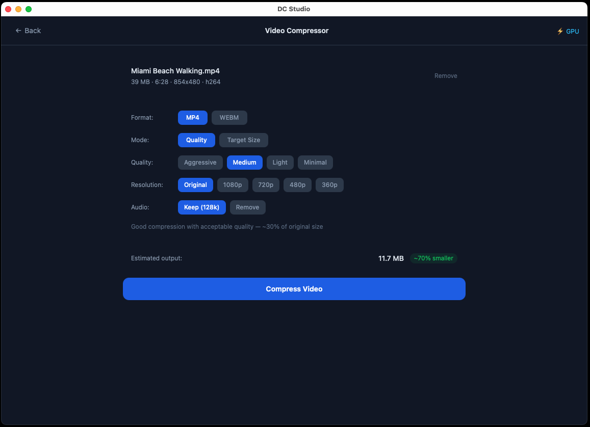 Video Compressor with quality presets, target file size, and format options