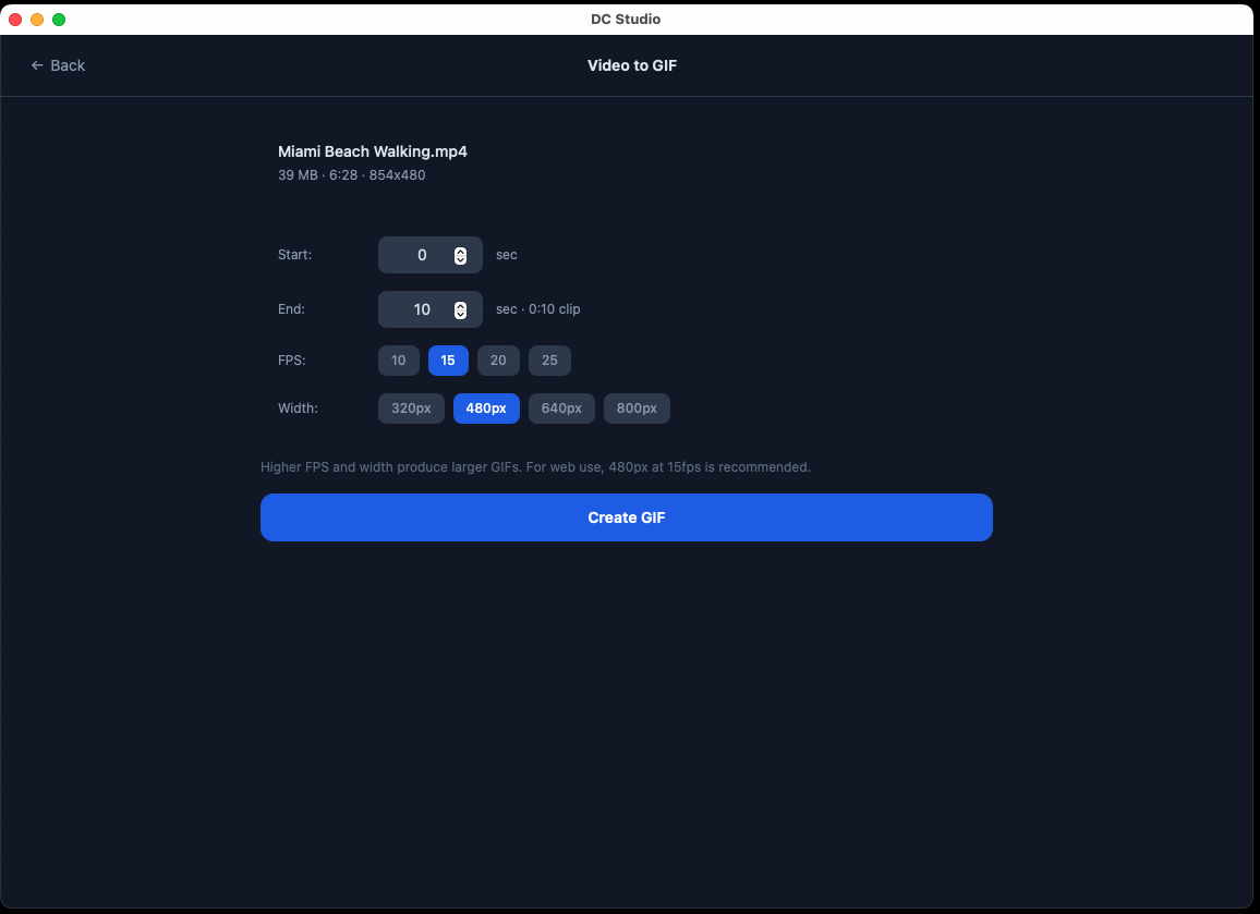 Video to GIF converter with frame rate, resolution, and quality controls