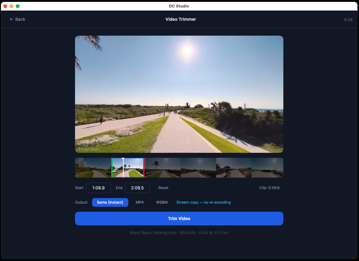 Video Trimmer with waveform visualization, timeline scrubbing, and frame-accurate cutting