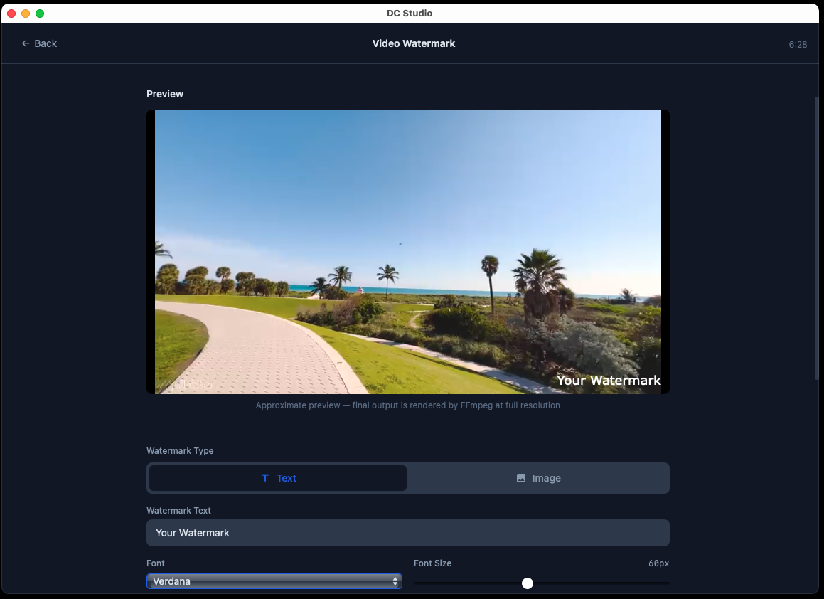 Video Watermark tool for adding text or image overlays with position control