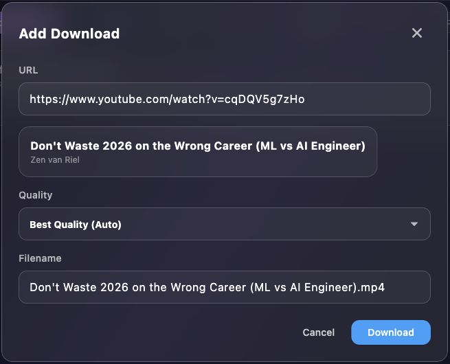 Add Download dialog with URL analysis, video preview, and quality selection options
