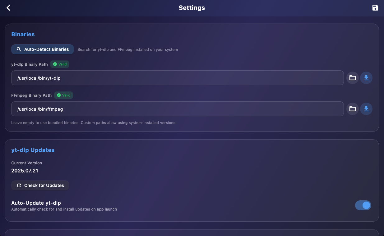 Binary configuration for yt-dlp and FFmpeg with auto-update support