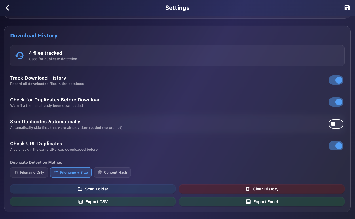 Download history tracking and duplicate detection configuration