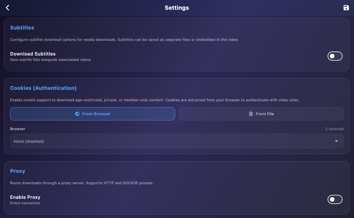 Subtitle preferences, cookie import, and proxy configuration