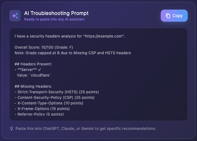 One-click AI prompt generation turns scan results into actionable troubleshooting requests