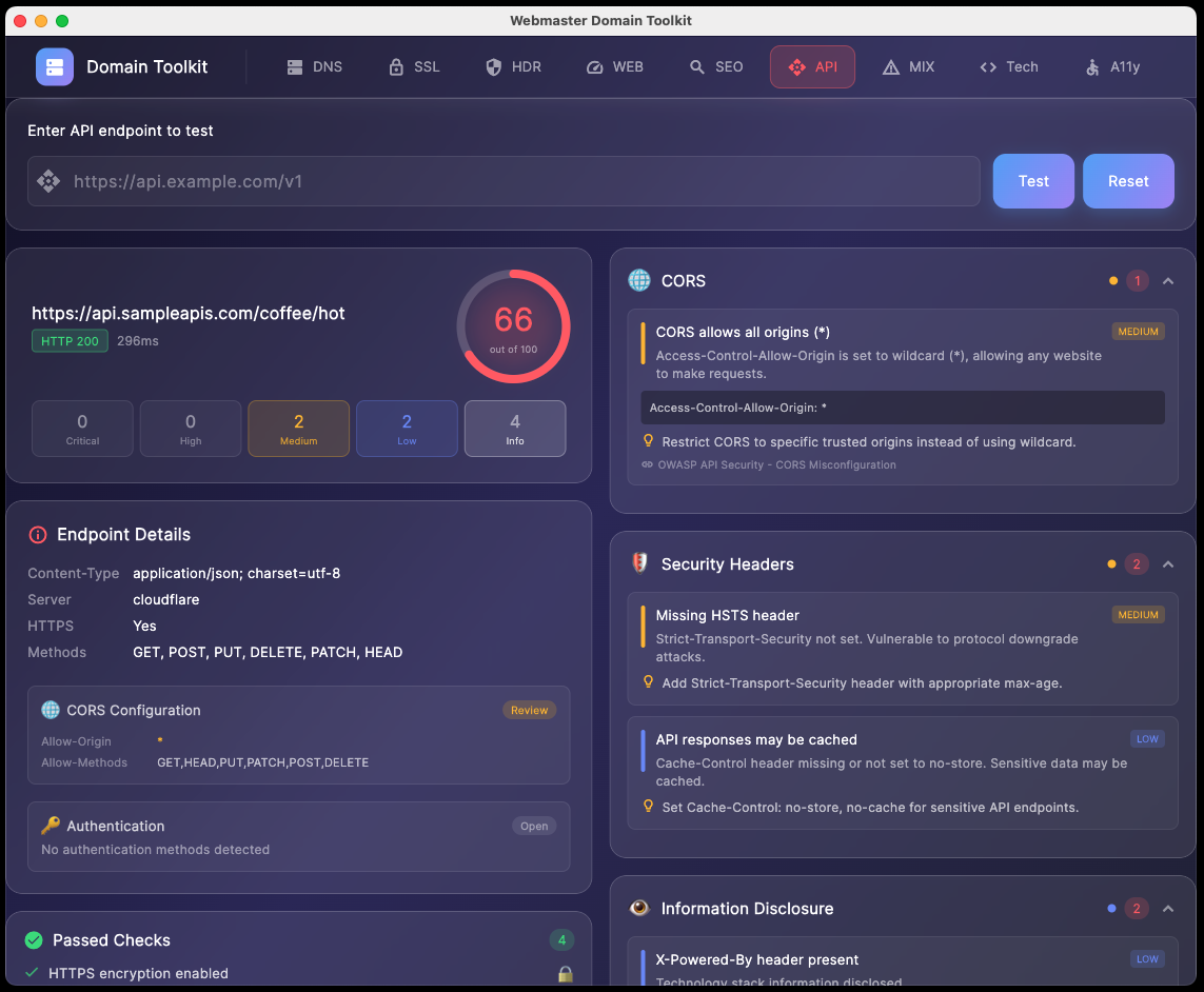 API Security Tester analyzing a public endpoint, revealing CORS wildcards and missing headers