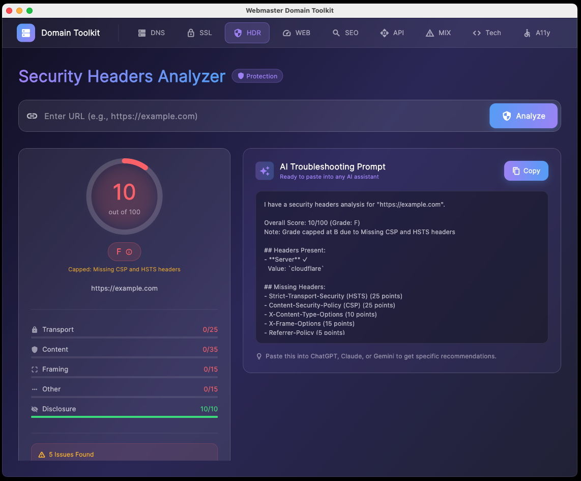 Security Headers Analyzer revealing missing CSP, HSTS, and other critical headers