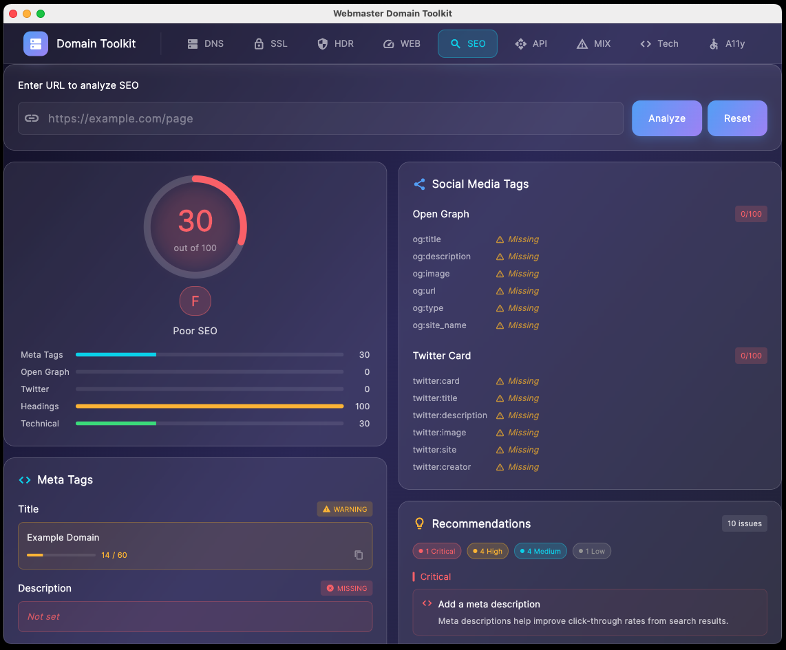SEO analysis revealing missing Open Graph and Twitter Card tags with actionable recommendations