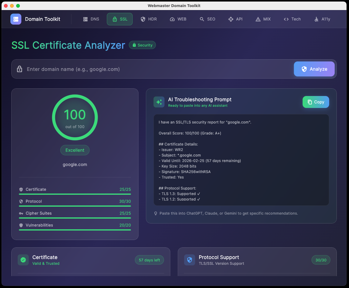SSL Certificate Analyzer with detailed protocol and cipher suite analysis